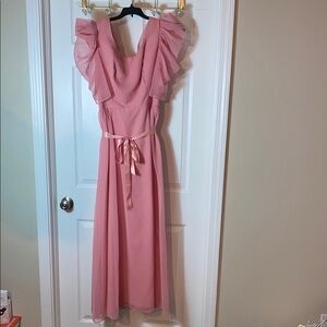 Vintage Rose Pink Ruffle Sleeve Dress Draped Neck Line Zip Closure Bridesmaid